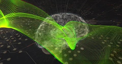 Animation of green digital wave over spinning human brain against microprocessor Stock Footage 247123379