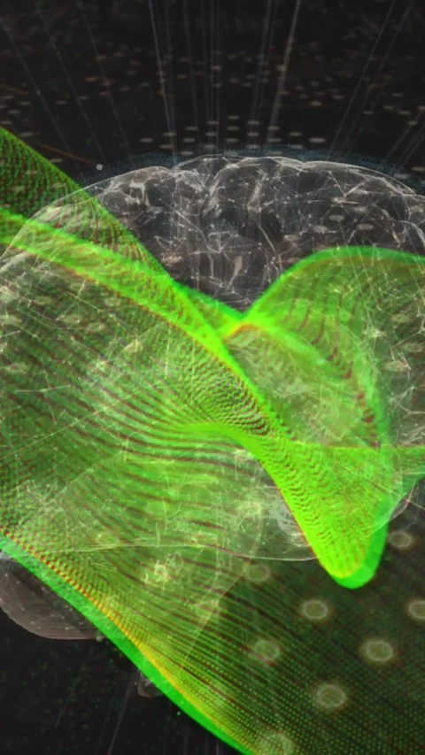 Animation of green digital wave over spinning human brain against microprocessor Stock Footage 344774899
