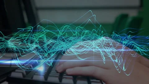 Animation of green digital waves over caucasian boy using computer in the class Stock Footage 329919559