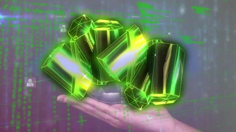 Animation of green geometric shape and numbers around globe over cropped hand, Stock Footage 327646010