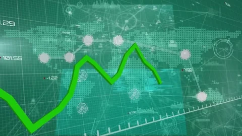 Animation of green graph over network of connections and world map and screens Video stock 329508985