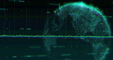 Animation of green graphs and globe rotating on black background Video stock 330782686