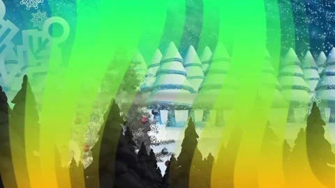Animation of green light trails, christmas snowflake pattern and christmas tree Stock Footage 330400019