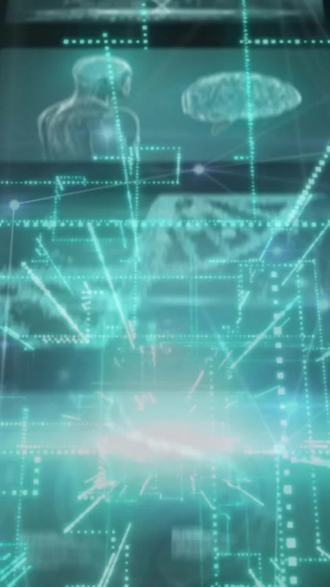 Animation of green light trails over screens with medical data processing on Stock Footage 344803089
