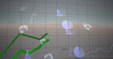 Animation of green line graph moving on grid pattern over multiple chart and Stock Footage 328523317
