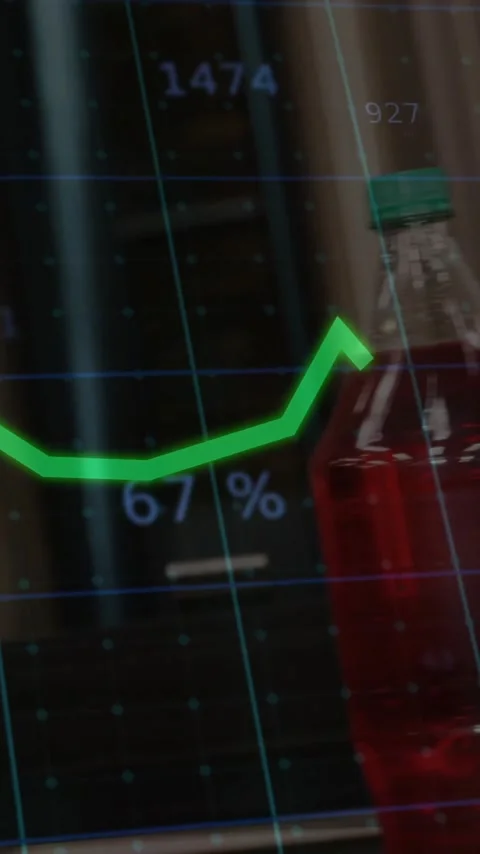 Animation of green line graph showing 65% over red drink bottle on table Stock Footage 319617654