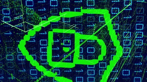 Animation of green lock icon, abstract pattern on digital interface with binary Stock Footage 313337725