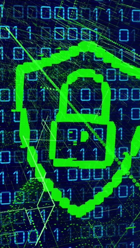 Animation of green lock icon, abstract pattern on digital interface with binary Stock Footage 322560940
