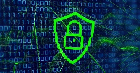 Animation of green lock icon, abstract pattern on digital interface with binary Stock Footage 325770919