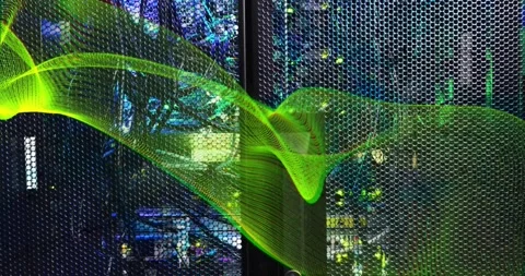 Animation of green mesh and digital data processing over computer servers Stock Footage 327200762
