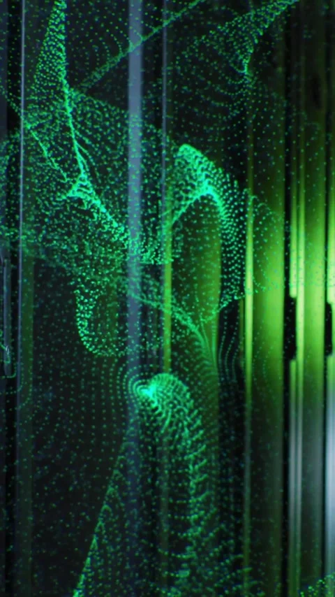 Animation of green network wave moving over dark computer server room Stock Footage 342805916