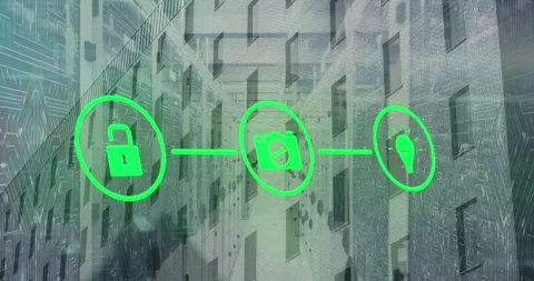 Animation of green open lock, camera, light bulb icons on digital interface Video stock 329853870