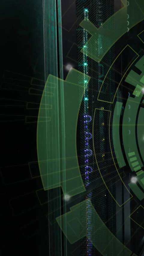 Animation of green round scanner spinning against computer server room Stock Footage 344636535