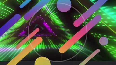 Animation of green scanner over abstract shapes and triangular green and purple Stock Footage 327060759