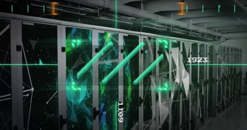 Animation of green scanner over plexus networks against computer server room Stock Footage 325703868