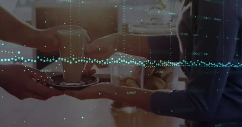 Animation of green sports with data processing over woman getting coffee in Stock Footage 330115527