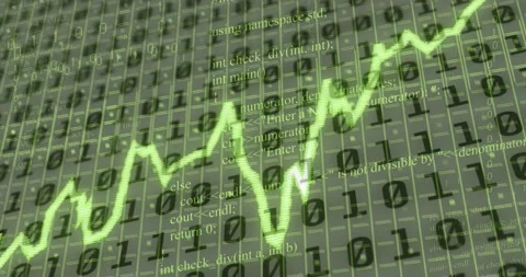 Animation of green stagflation text, graph and grid with binary data processing Stock Footage 210675361