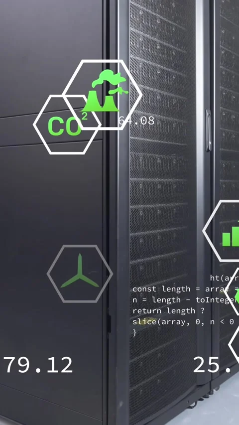 Animation of green technology icons and coding over data server room Stock Footage 320983887