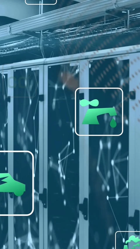 Animation of green technology icons and connected dots on data server racks Stock Footage 344746015