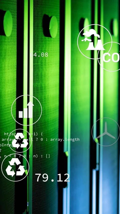 Animation of green technology icons, coding over data server racks Stock Footage 320983896