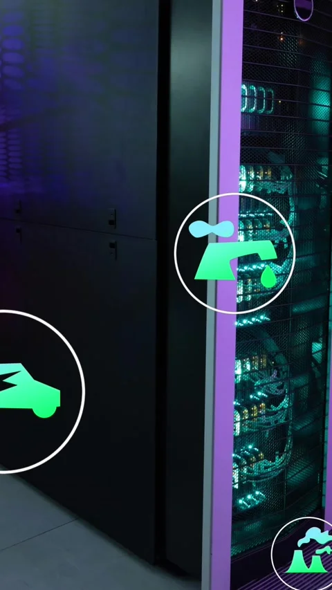 Animation of green technology icons moving over data server racks Stock Footage 344723296