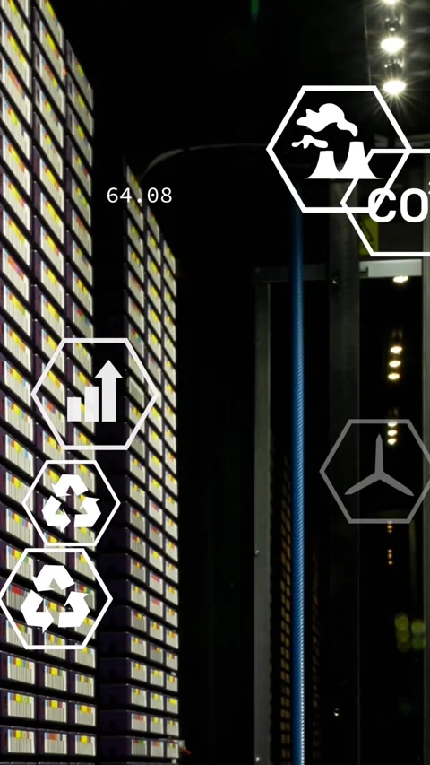 Animation of green technology icons moving over data server systems Stock Footage 344746013