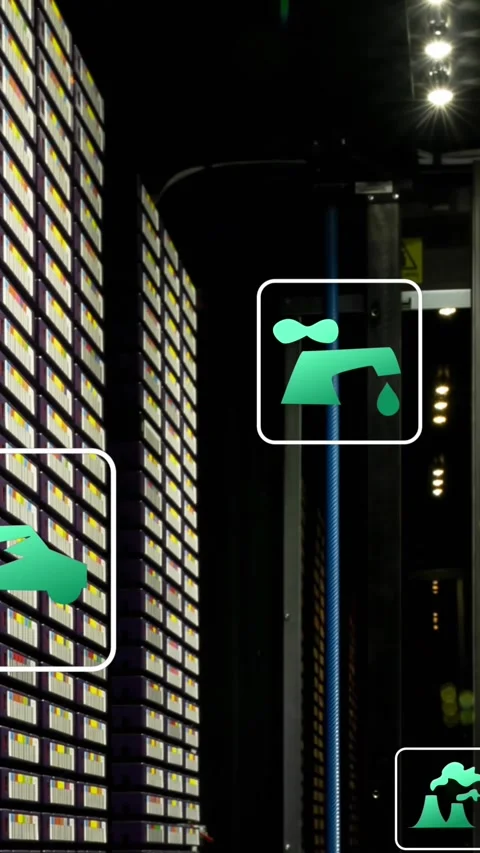 Animation of green technology icons moving over data server room Stock Footage 344783641
