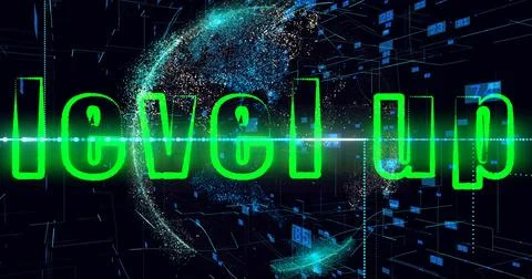 Animation green text level up, blue sci-fi animation background, hologram of the Stock Illustration