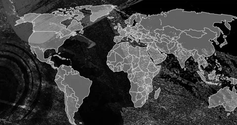 Animation of grey world map over moving organic grey textures on black Stock-Footage 203839206
