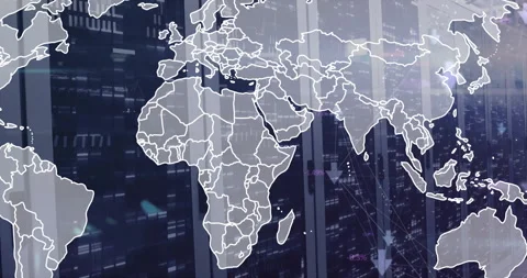 Animation of grey world map over flashing computer servers in server room Stock Footage 265622118