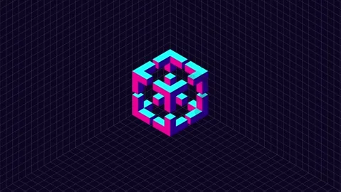 Animation of grid background with 3d neon isometric hexagon cube transformation  Stock Footage 303687614