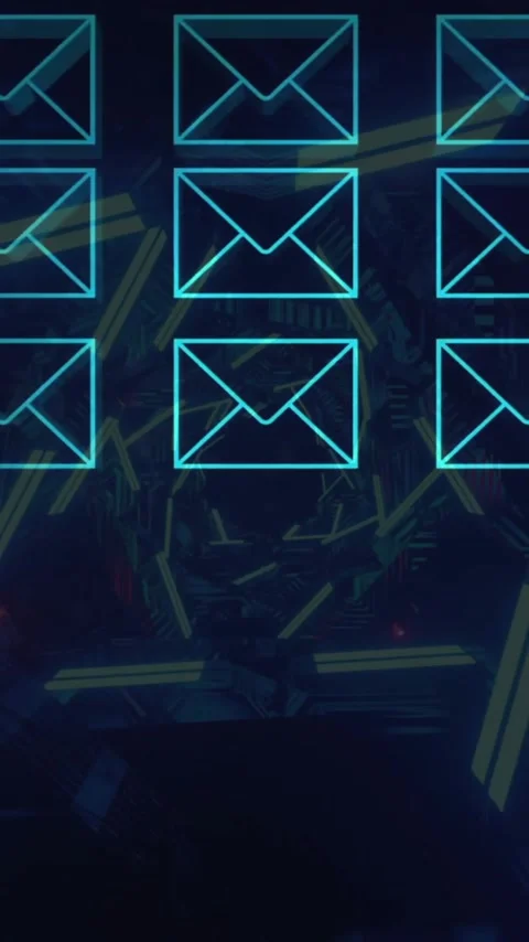 Animation of grid of envelope icons over glowing spiral on black background Stock Footage 343082898