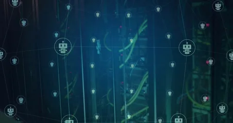 Animation of grid network of chatbot icons rotating over dark computer server Stock Footage 327003370
