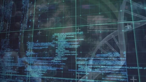 Animation of grid network over data processing and dna structure spinning Stock Footage 328009937