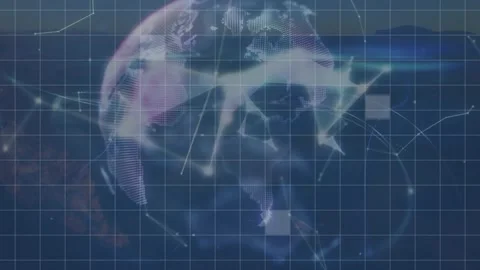 Animation of grid network over globe of plexus network spinning against Stock Footage 326760558