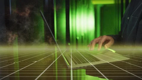 Animation of grid network over mid section of male engineer using laptop at Stock Footage 326032240