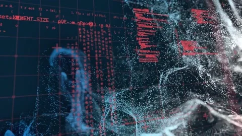 Animation of grid pattern and computer language over abstract pattern on black Stock Footage 233849299