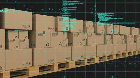 Animation of grid pattern and computer language over cardboard boxes against Stock Footage 235488210