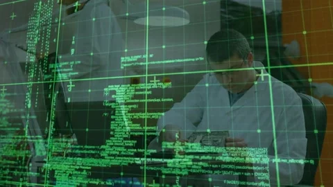 Animation of grid pattern and computer language over caucasian engineer Stock Footage 247261330