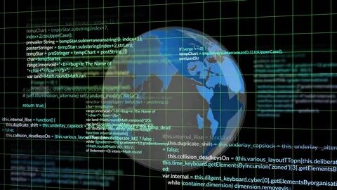 Animation of grid pattern and computer language over rotating globe against Stock Footage 248207027