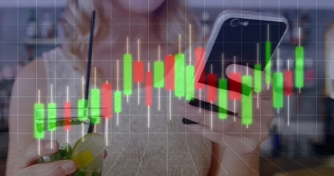 Animation of grid pattern and graph over caucasian woman holding drink and using Stock Footage 250953548