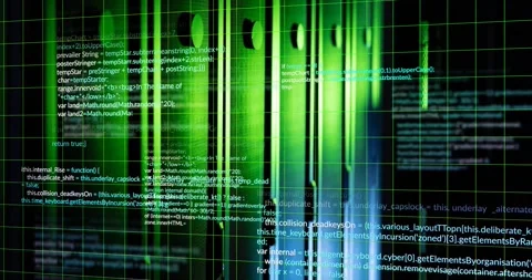 Animation of grid pattern and multicolored computer language over data server Video stock 257175754