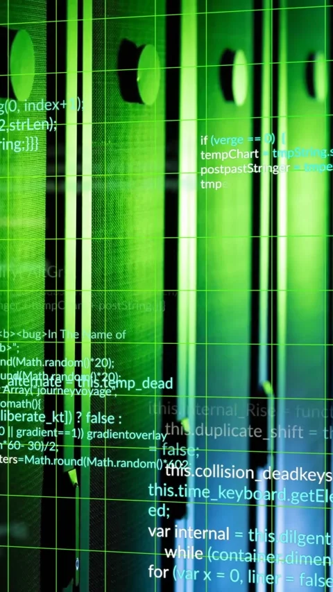 Animation of grid pattern and multicolored computer language over data server Stock Footage 343643531