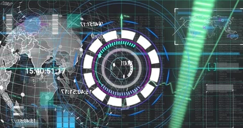 Animation of grid pattern and numbers over arrows, map and arc reactor against Stock Footage 328311940