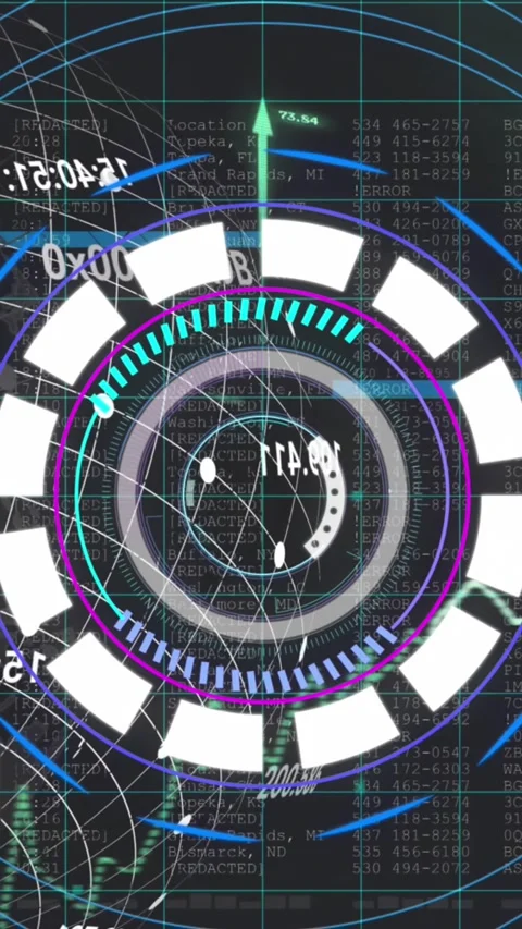 Animation of grid pattern and numbers over arrows, map and arc reactor against Vídeo Stock 344284311