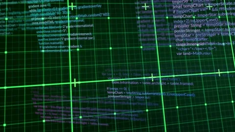 Animation of grid pattern and plus signs over computer language against green Stock Footage 325774497