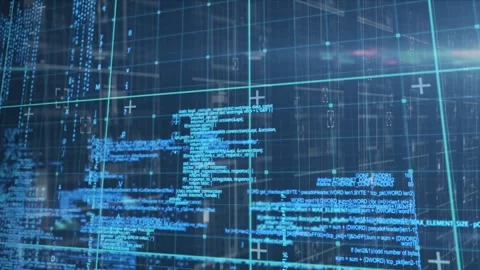 Animation of grid pattern and plus signs over computer language against abstract Stock Footage 326095768