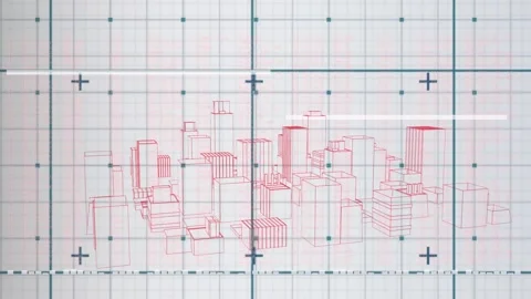 Animation of grid pattern and plus signs over 3d model of buildings against Stock Footage 330288056