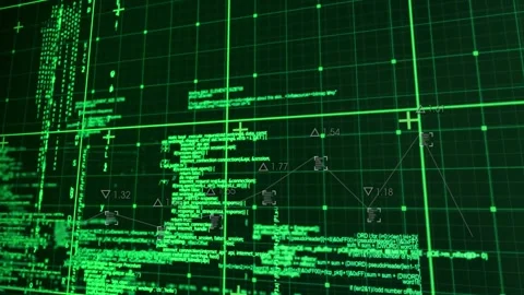 Animation of grid pattern and plus signs over computer language on abstract Stock Footage 330658206