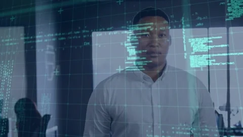 Animation of grid pattern and programming language over biracial businessman Video stock 229813137